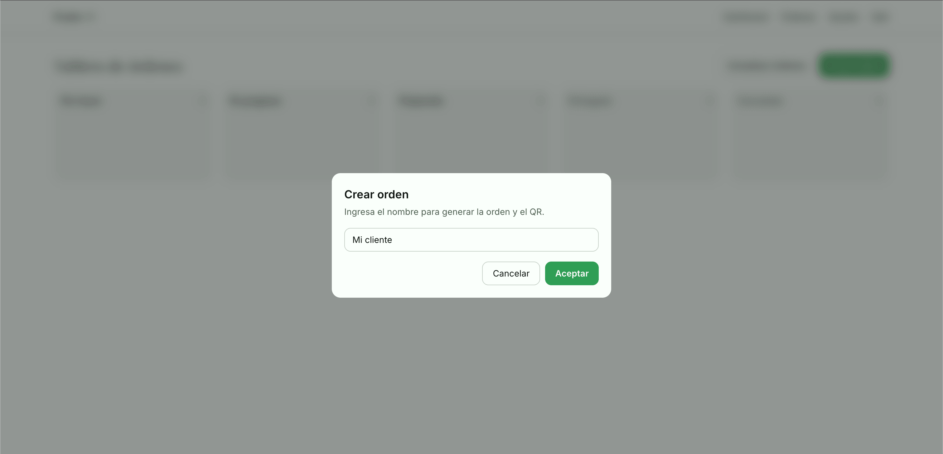 Modal de creación de orden con QR generado