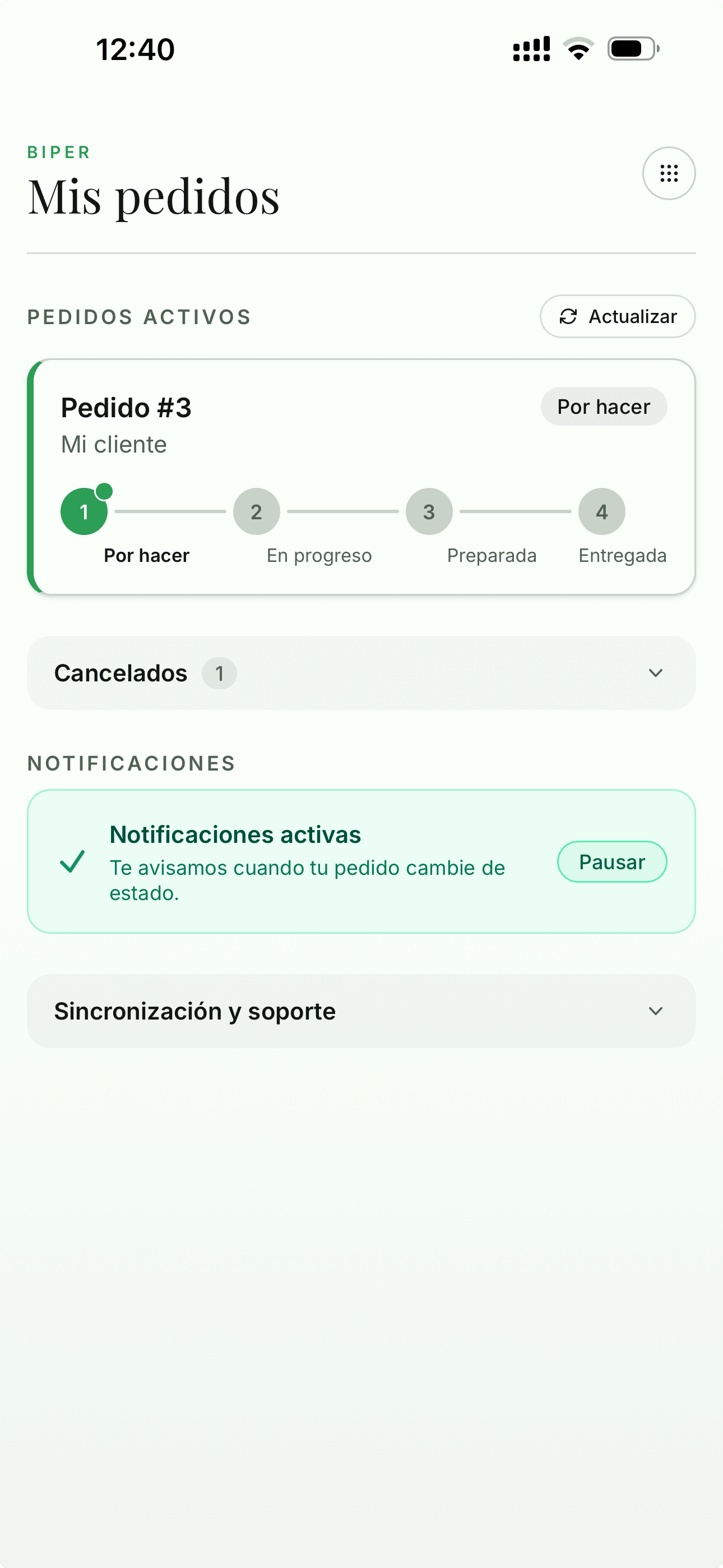 Vista móvil del cliente siguiendo su orden